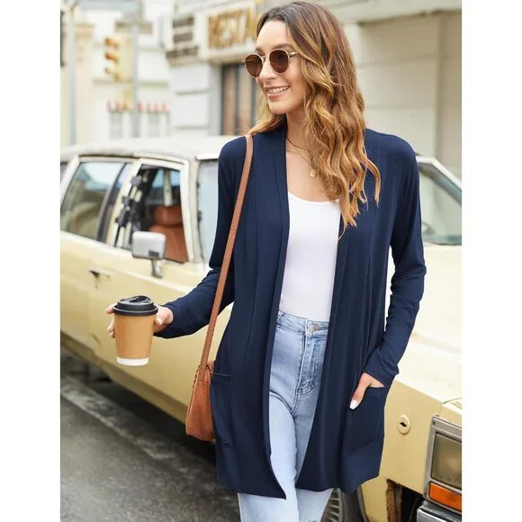 Women's Rayon Cardigan Loose Fit Pockets Open Front Long Sleeve Casual - Picture 8 of 9